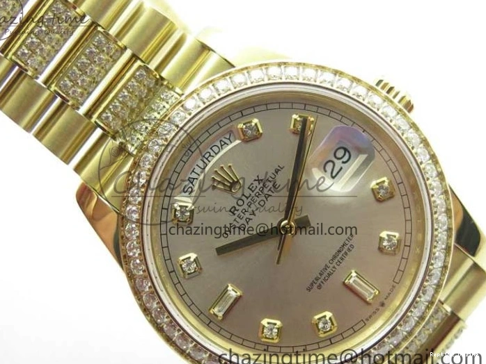 0212 DailyWear Day-Date 36mm 128235 YG Crystal BP Best Edition Silver Crystal Marker Dial on YG President Bracelet A 2676